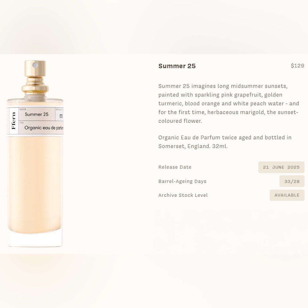 Ffern Summer 2025 Organic Eau de Parfum with Gold Cap